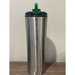 Starbucks Stainless Steel Cold Cup Tumbler 20oz Silver Green Straw 2013 Edition